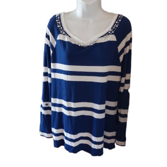 Long Sleeve Blue Striped Blouse Blousy Top Size 2X - Picture 1 of 6